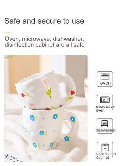 360ML Elegant Pink Flower Ceramic Mug With Wavy Rim (D9.5 x H10)cm