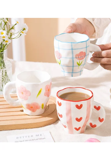 360ML Elegant Pink Flower Ceramic Mug With Wavy Rim (D9.5 x H10)cm
