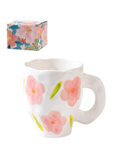 360ML Elegant Pink Flower Ceramic Mug With Wavy Rim (D9.5 x H10)cm