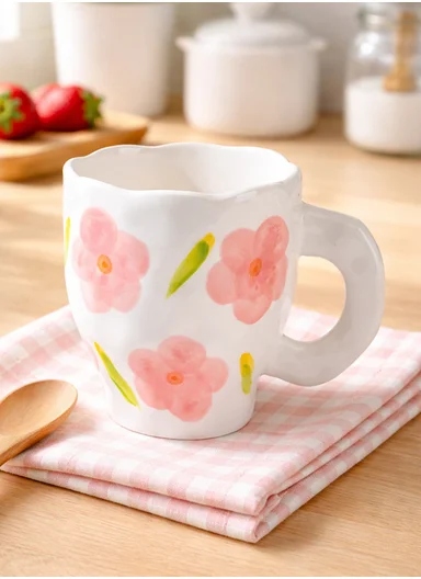 360ML Elegant Pink Flower Ceramic Mug With Wavy Rim (D9.5 x H10)cm