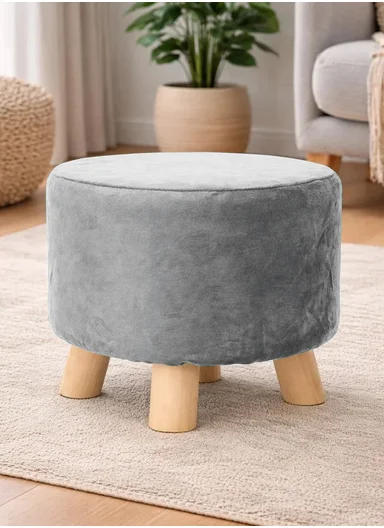 Simple Creative Faux Fur Small Stool Portable, Anti-Slip Top &amp; Space-Saving Design (D26 x H26)cm - Grey 