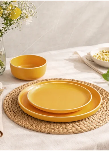 12 pieces Stoneware Dinnerware Set, Dishwasher &amp; Microwave Safe Durable Everyday Dining Set -Yellow