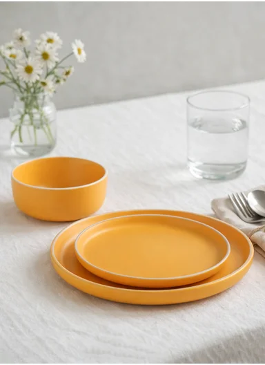 12 pieces Stoneware Dinnerware Set, Dishwasher &amp; Microwave Safe Durable Everyday Dining Set -Yellow