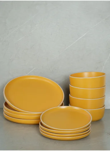 12 pieces Stoneware Dinnerware Set, Dishwasher &amp; Microwave Safe Durable Everyday Dining Set -Yellow