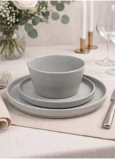 12-Pieces Modern Matte Grey Round Stoneware Dinnerware Set 