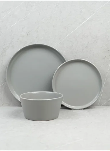 12-Pieces Modern Matte Grey Round Stoneware Dinnerware Set 