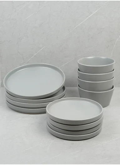 12-Pieces Modern Matte Grey Round Stoneware Dinnerware Set 