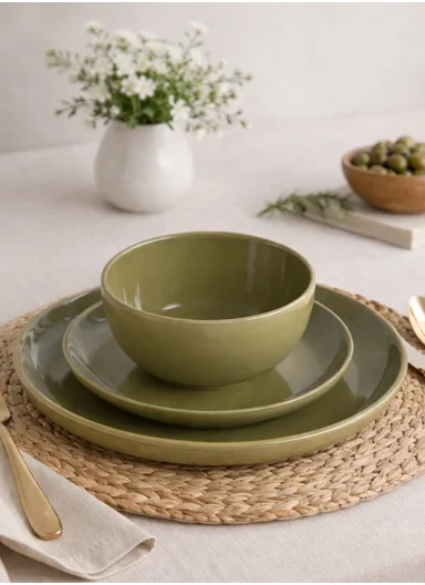 12 pieces Stoneware Dinnerware Set, Dishwasher &amp; Microwave Safe Durable Everyday Dining Set-Terracotta-Green
