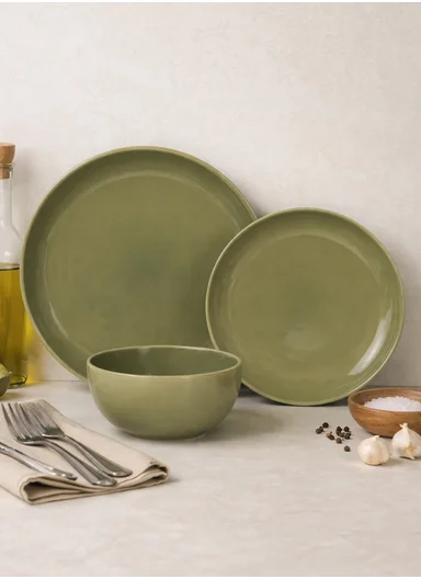 12 pieces Stoneware Dinnerware Set, Dishwasher &amp; Microwave Safe Durable Everyday Dining Set-Terracotta-Green