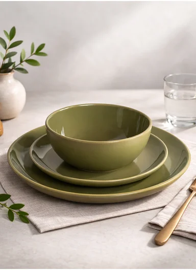 12 pieces Stoneware Dinnerware Set, Dishwasher &amp; Microwave Safe Durable Everyday Dining Set-Terracotta-Green