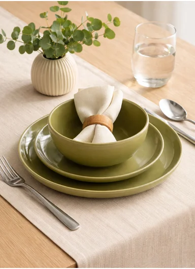 12 pieces Stoneware Dinnerware Set, Dishwasher &amp; Microwave Safe Durable Everyday Dining Set-Terracotta-Green