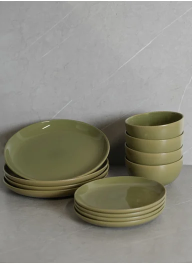 12 pieces Stoneware Dinnerware Set, Dishwasher &amp; Microwave Safe Durable Everyday Dining Set-Terracotta-Green