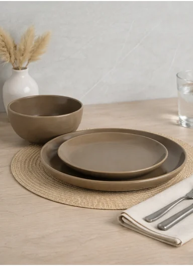 12 pieces Stoneware Dinnerware Set, Dishwasher &amp; Microwave Safe Durable Everyday Dining Set -Light Brown