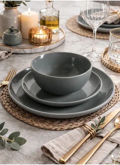 12 pieces Rounded Stoneware Dinnerware Set, Dishwasher &amp; Microwave Safe Durable Everyday Dining Set -orchid