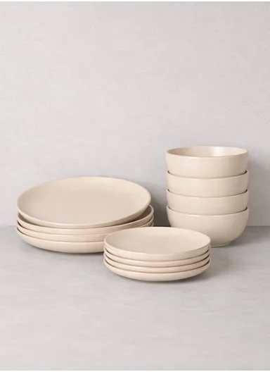 12 pieces Stoneware Dinnerware Set, Dishwasher &amp; Microwave Safe Durable Everyday Dining Set -Cream
