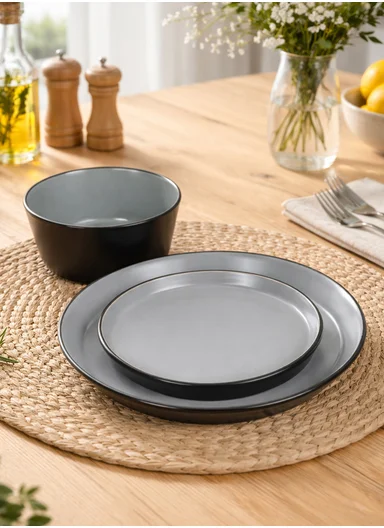 12 pieces Stoneware Dinnerware Set, Dishwasher &amp; Microwave Safe Durable Everyday Dining Set-Terracotta - Black