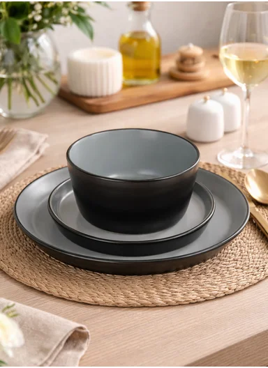 12 pieces Stoneware Dinnerware Set, Dishwasher &amp; Microwave Safe Durable Everyday Dining Set-Terracotta - Black