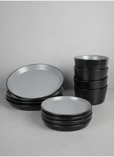 12 pieces Stoneware Dinnerware Set, Dishwasher &amp; Microwave Safe Durable Everyday Dining Set-Terracotta - Black