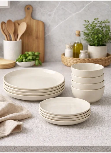 12 pieces Stoneware Dinnerware Set, Dishwasher &amp; Microwave Safe Durable Everyday Dining Set -Beige