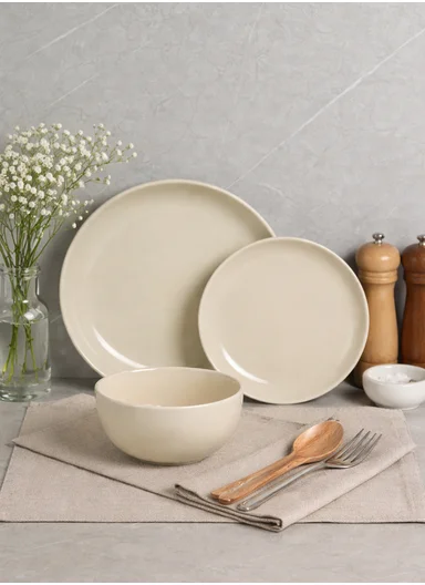 12 pieces Stoneware Dinnerware Set, Dishwasher &amp; Microwave Safe Durable Everyday Dining Set -Beige