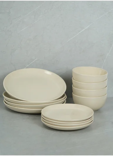 12 pieces Stoneware Dinnerware Set, Dishwasher &amp; Microwave Safe Durable Everyday Dining Set -Beige