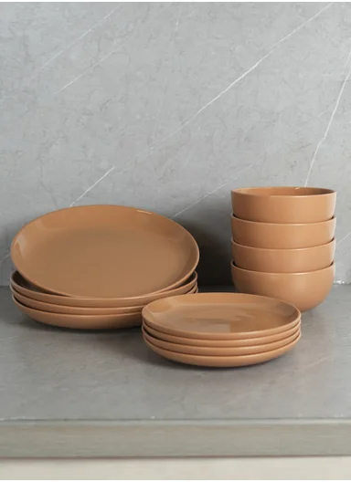 12 pieces Stoneware Dinnerware Set, Dishwasher &amp; Microwave Safe Durable Everyday Dining Set -Sand