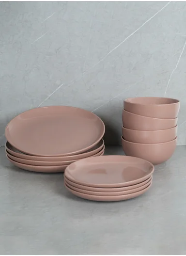 12Pcs Contemporary Round Stoneware Dinnerware Set - Pink