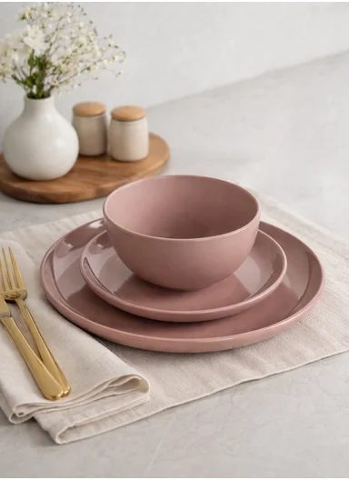 12Pcs Contemporary Round Stoneware Dinnerware Set - Pink