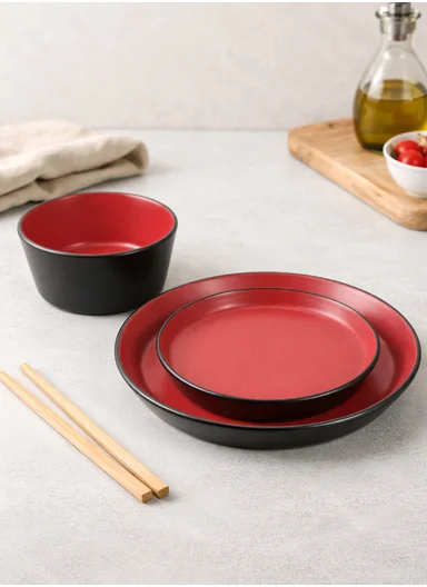 12 pieces Stoneware Dinnerware Set, Dishwasher &amp; Microwave Safe Durable Everyday Dining Set -Black &amp; Red