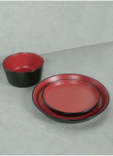 12 pieces Stoneware Dinnerware Set, Dishwasher &amp; Microwave Safe Durable Everyday Dining Set -Black &amp; Red