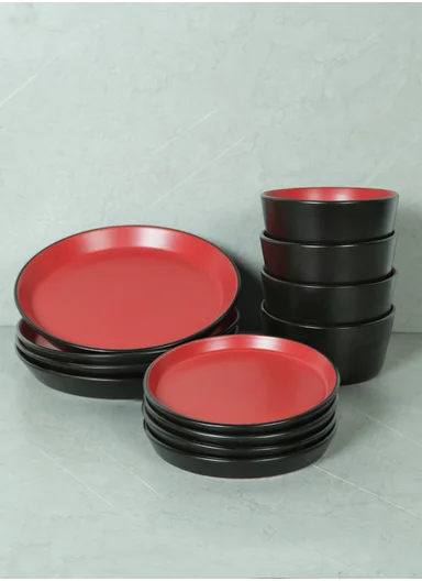 12 pieces Stoneware Dinnerware Set, Dishwasher &amp; Microwave Safe Durable Everyday Dining Set -Black &amp; Red