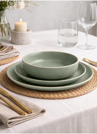 12 pieces Stoneware Dinnerware Set, Dishwasher &amp; Microwave Safe Durable Everyday Dining Set -Mint