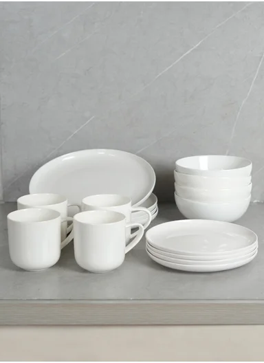 16 pieces Rounded Stoneware Dinnerware Set, Dishwasher &amp; Microwave Safe Durable Everyday Dining Set
