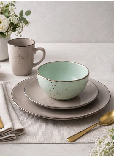 16-Pieces Speckled Design Dinner Set With Gold Rim - Brown &amp; Light Aqua
