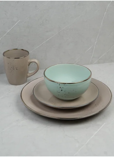 16-Pieces Speckled Design Dinner Set With Gold Rim - Brown &amp; Light Aqua