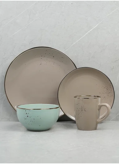 16-Pieces Speckled Design Dinner Set With Gold Rim - Brown &amp; Light Aqua