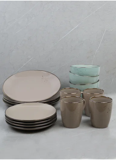16-Pieces Speckled Design Dinner Set With Gold Rim - Brown &amp; Light Aqua