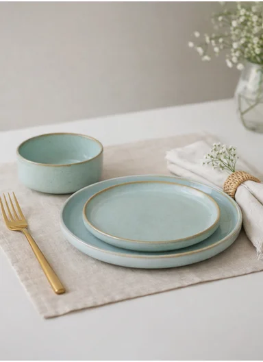 12 pieces Stoneware Dinnerware Set, Dishwasher &amp; Microwave Safe Durable Everyday Dining Set -Light Blue