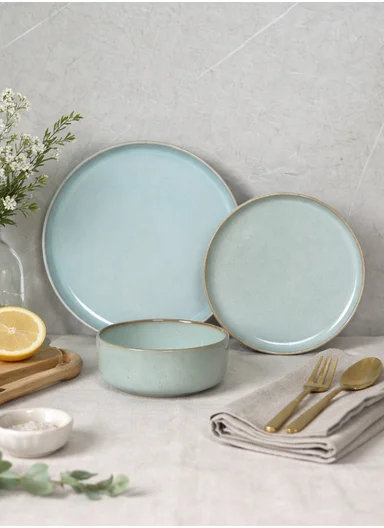 12 pieces Stoneware Dinnerware Set, Dishwasher &amp; Microwave Safe Durable Everyday Dining Set -Light Blue