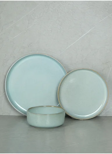 12 pieces Stoneware Dinnerware Set, Dishwasher &amp; Microwave Safe Durable Everyday Dining Set -Light Blue