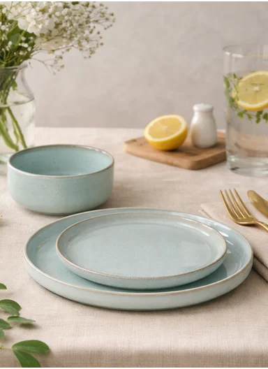 12 pieces Stoneware Dinnerware Set, Dishwasher &amp; Microwave Safe Durable Everyday Dining Set -Light Blue