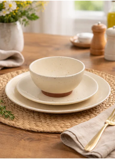 18-Pieces Elegant Natural Speckled Round Shape Dinnerware Set - Cream