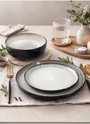 18 pieces Stoneware Dinnerware Set, Dishwasher &amp; Microwave Safe Durable Everyday Dining Set -White &amp; Black