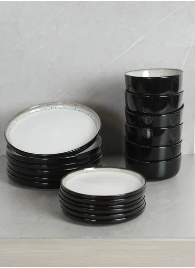 18 pieces Stoneware Dinnerware Set, Dishwasher &amp; Microwave Safe Durable Everyday Dining Set -White &amp; Black