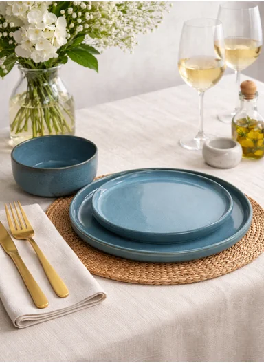 18 pieces Stoneware Dinnerware Set, Dishwasher &amp; Microwave Safe Durable Everyday Dining Set -Blue
