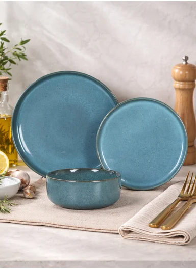 18 pieces Stoneware Dinnerware Set, Dishwasher &amp; Microwave Safe Durable Everyday Dining Set -Blue