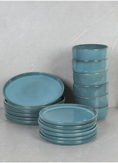 18 pieces Stoneware Dinnerware Set, Dishwasher &amp; Microwave Safe Durable Everyday Dining Set -Blue