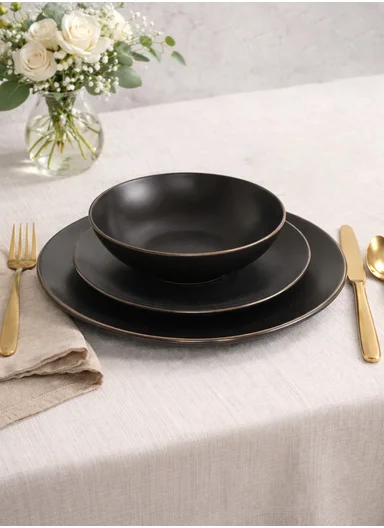 12 pieces Stoneware Dinnerware Set, Dishwasher &amp; Microwave Safe Durable Everyday Dining Set -Black -BM-1202