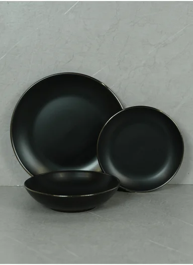 12 pieces Stoneware Dinnerware Set, Dishwasher &amp; Microwave Safe Durable Everyday Dining Set -Black -BM-1202