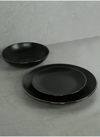12 pieces Stoneware Dinnerware Set, Dishwasher &amp; Microwave Safe Durable Everyday Dining Set -Black -BM-1202
